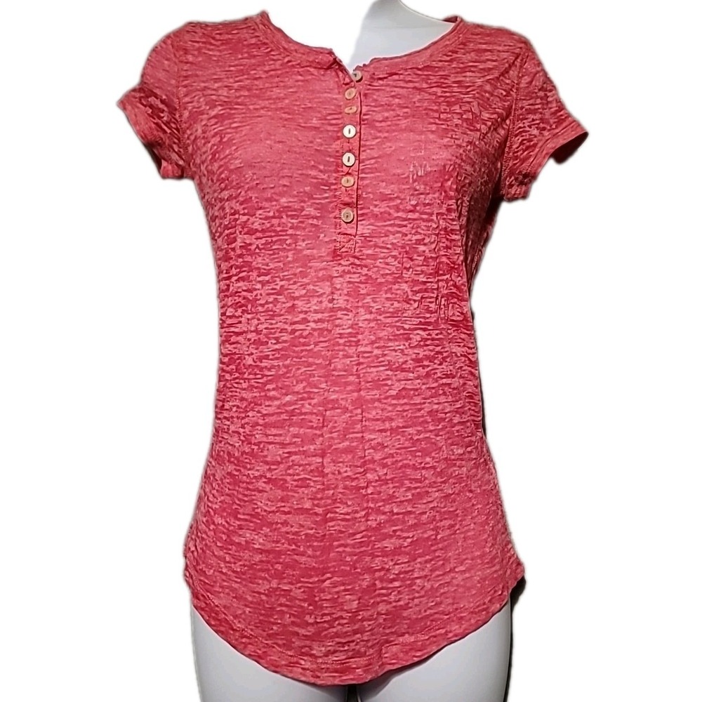 AEROPOSTALE V-Neck Short Sleeve Henley Juniors/Women Pink Stripe Med Sheer-ish